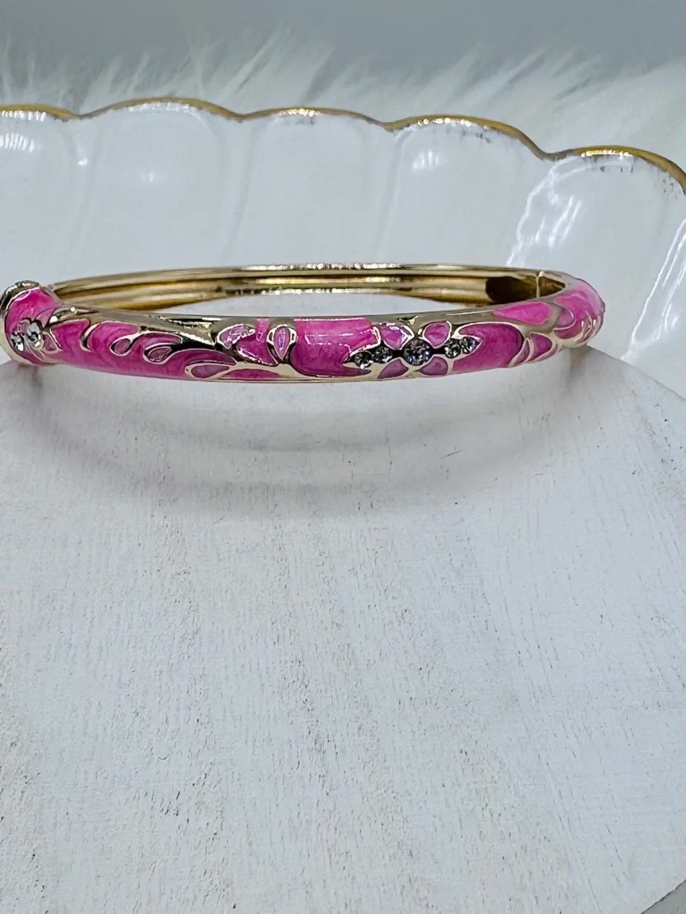 Pink Enamel Gold-Tone Floral Cloisonne Bangle Bracelet - Picture 3 of 6